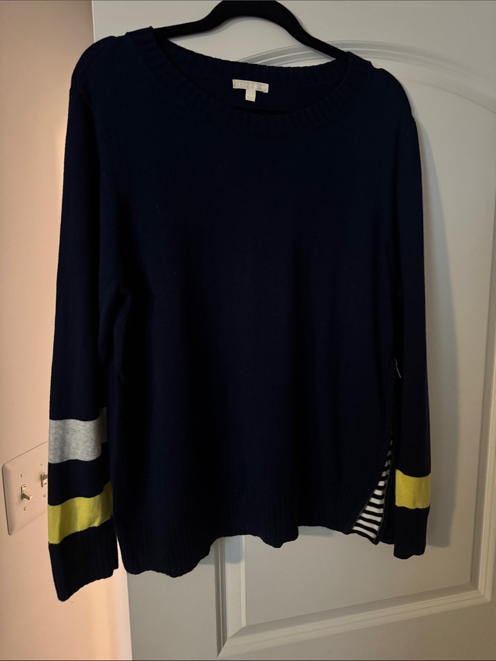 Lisa Todd Navy Crewneck Sweater with Gray and Yellow Sleeve Stripes